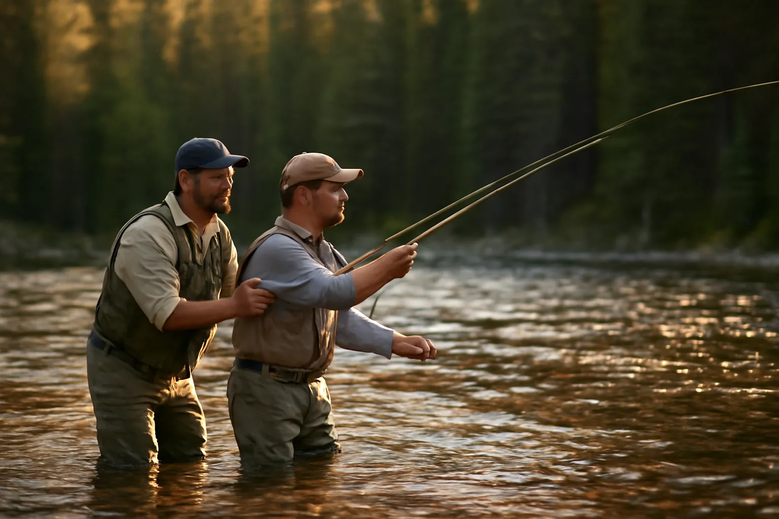 Fly fishing outfitter guide helping client on a Colorado mountain river at sunset