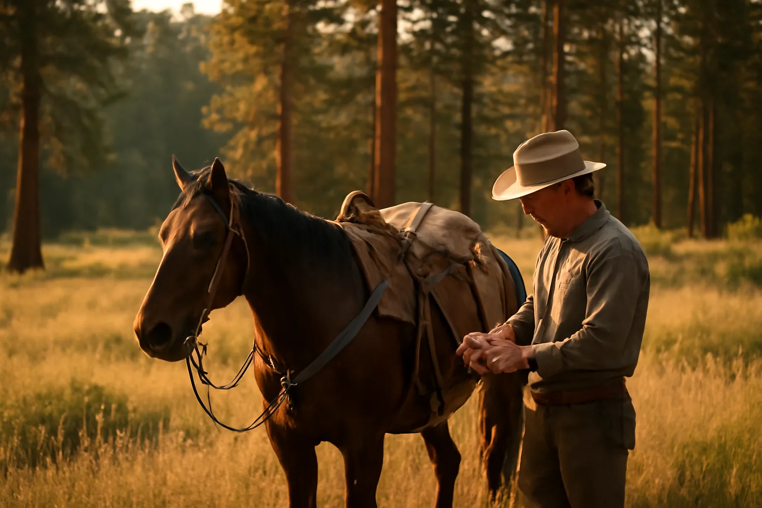 Pack horse and guide in a California mountain meadow at golden hour