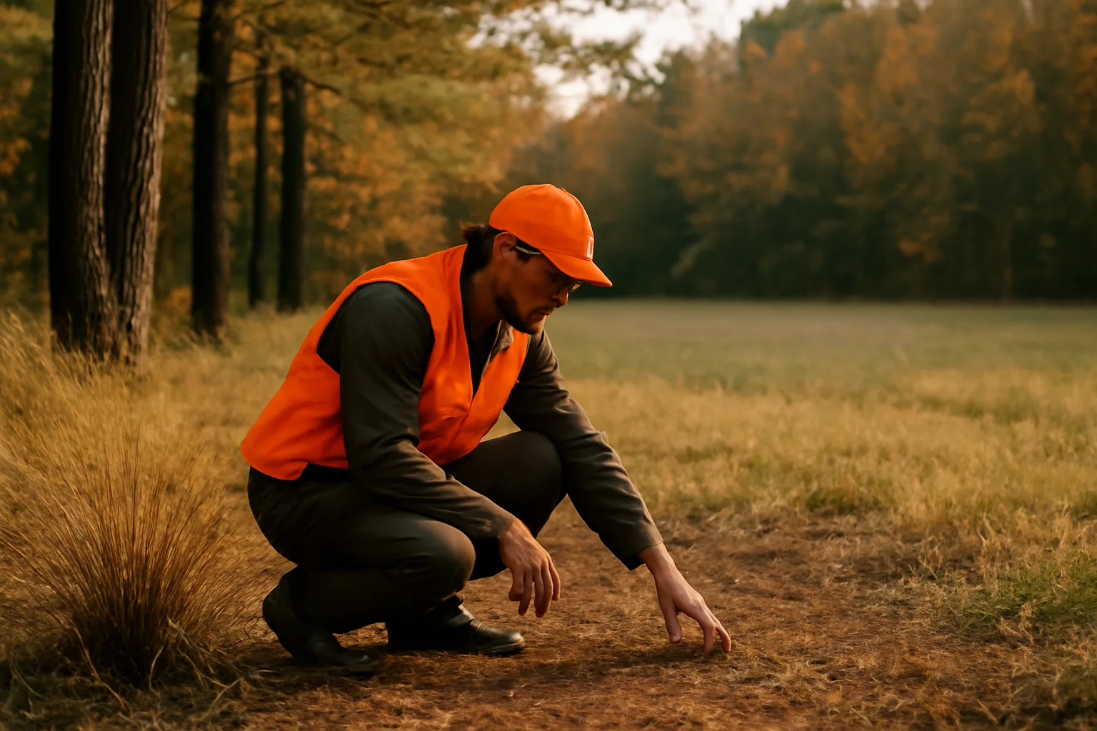Outfitter guide kneels at a scrape in Alabama pines