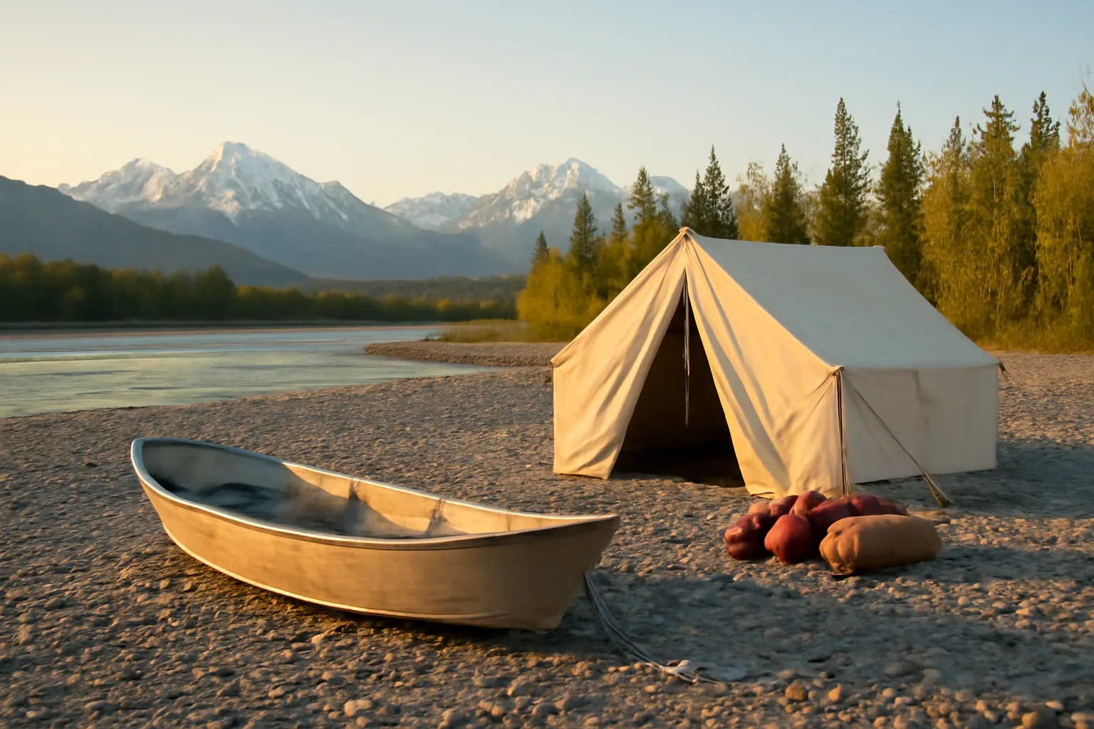Outfitter skiff and wall tent on an Alaska gravel river bar
