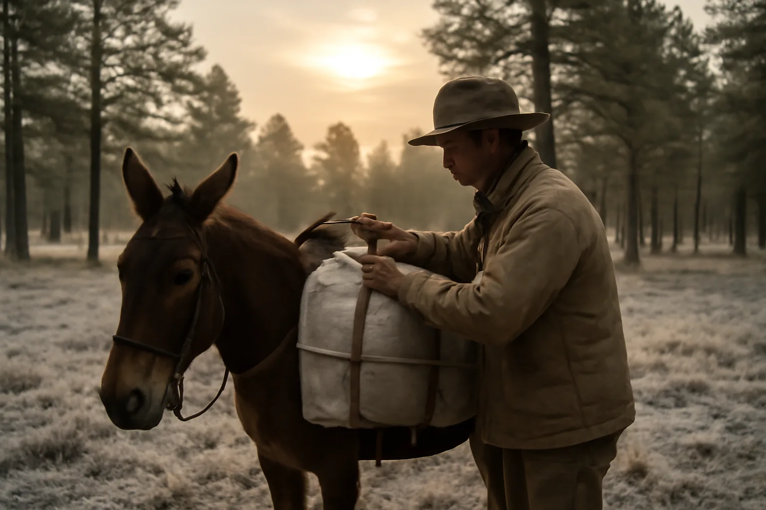 Arizona outfitter loading a mule at dawn on the Kaibab