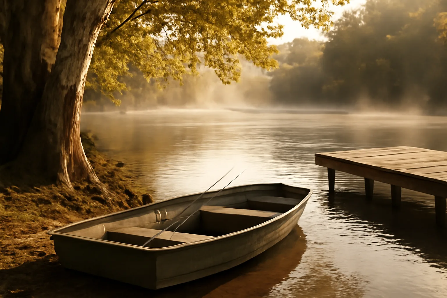 Jon boat waiting for an Arkansas fishing outfitter at dawn