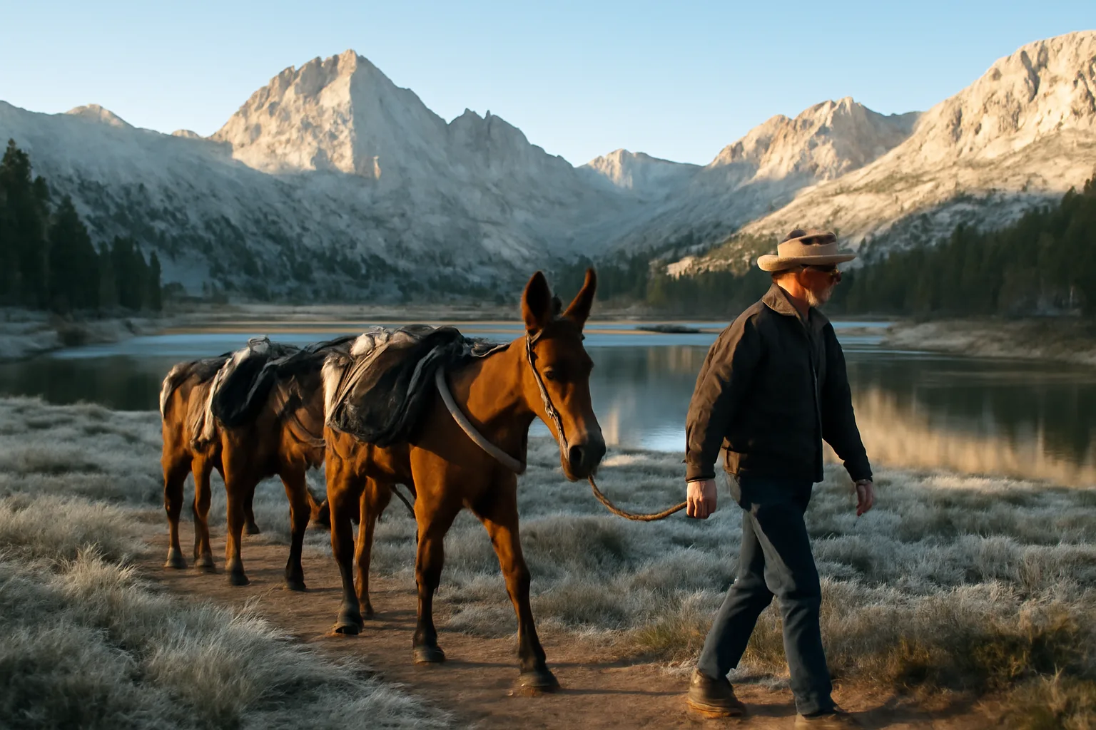 Pack string crossing a Sierra meadow at dawn in California
