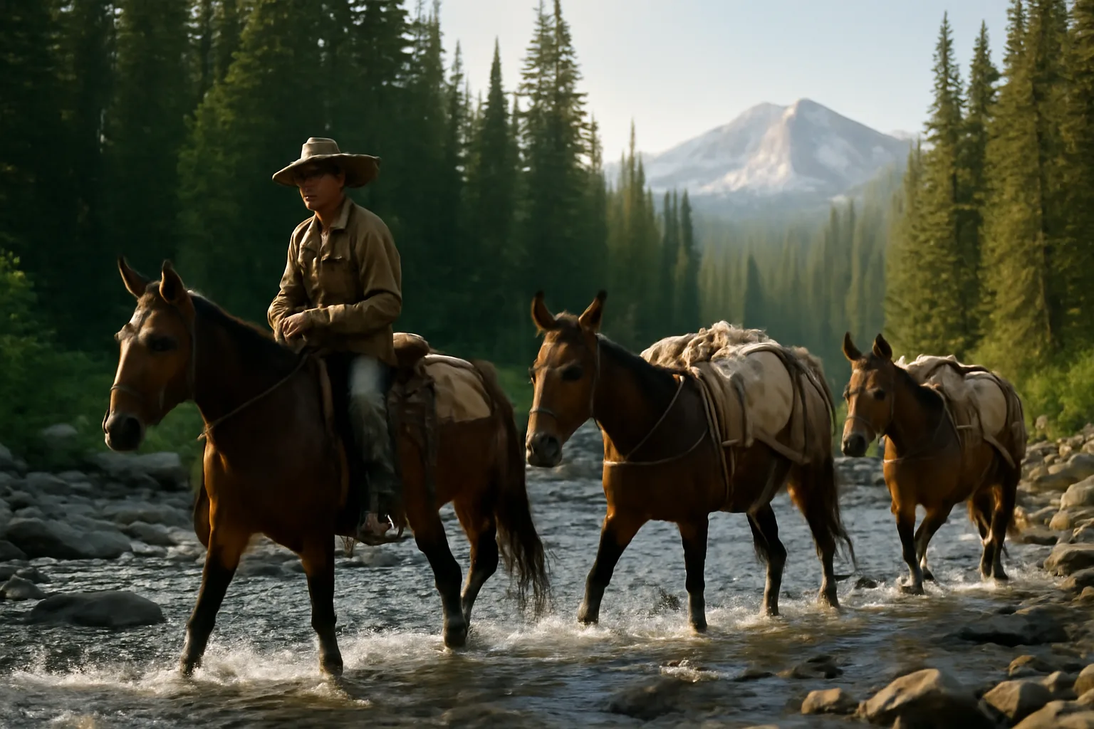 Horse packer leading mules across a mountain creek in Colorado wilderness