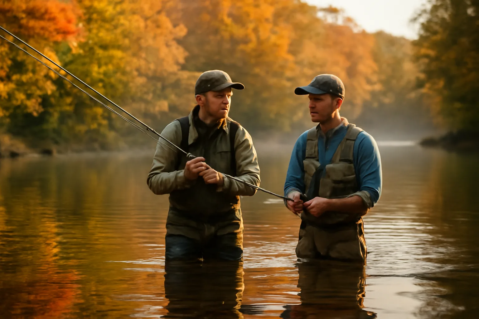 Guide and client fly fishing in a Connecticut river at early morning