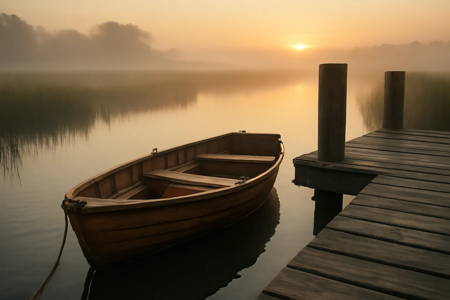 Wooden skiff tied to a marsh dock at dawn in a Delaware tidal wetland