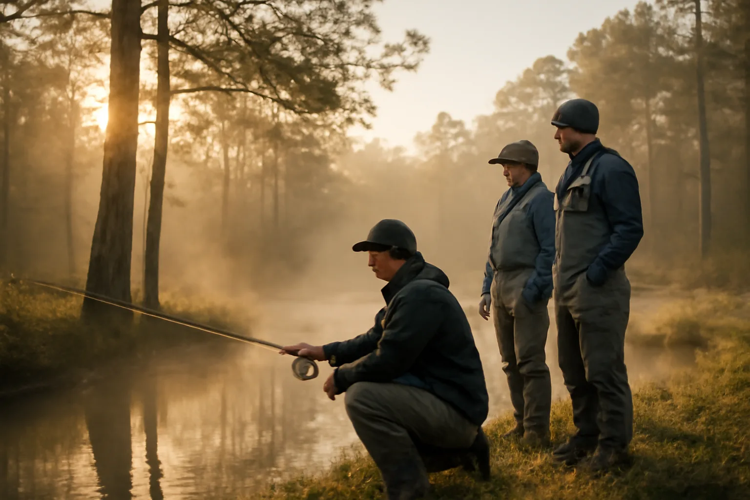 Guide and clients fishing a pine-lined Alabama creek at sunrise