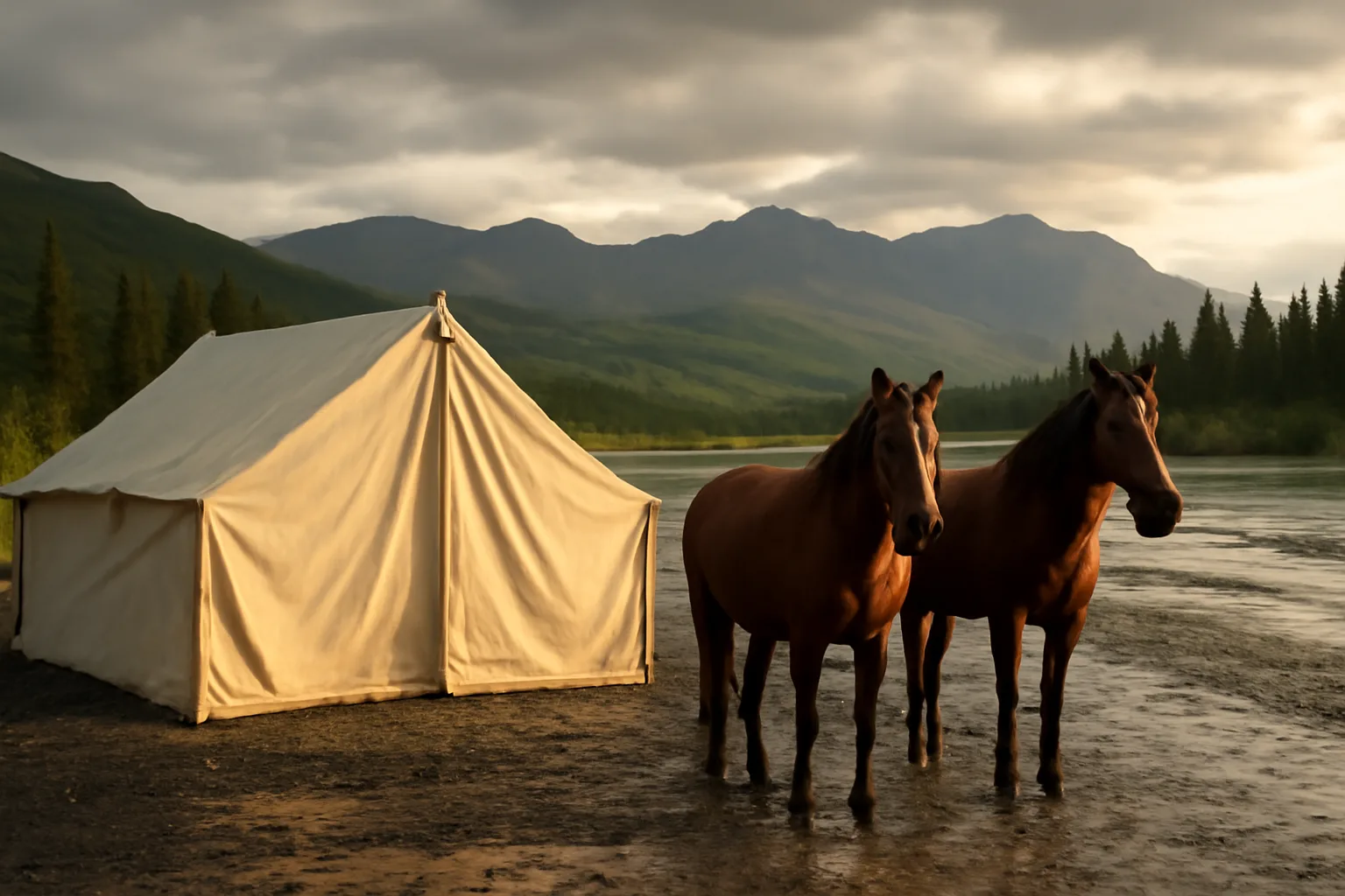 Canvas wall tent and horses on an Alaska river bar for outfitters