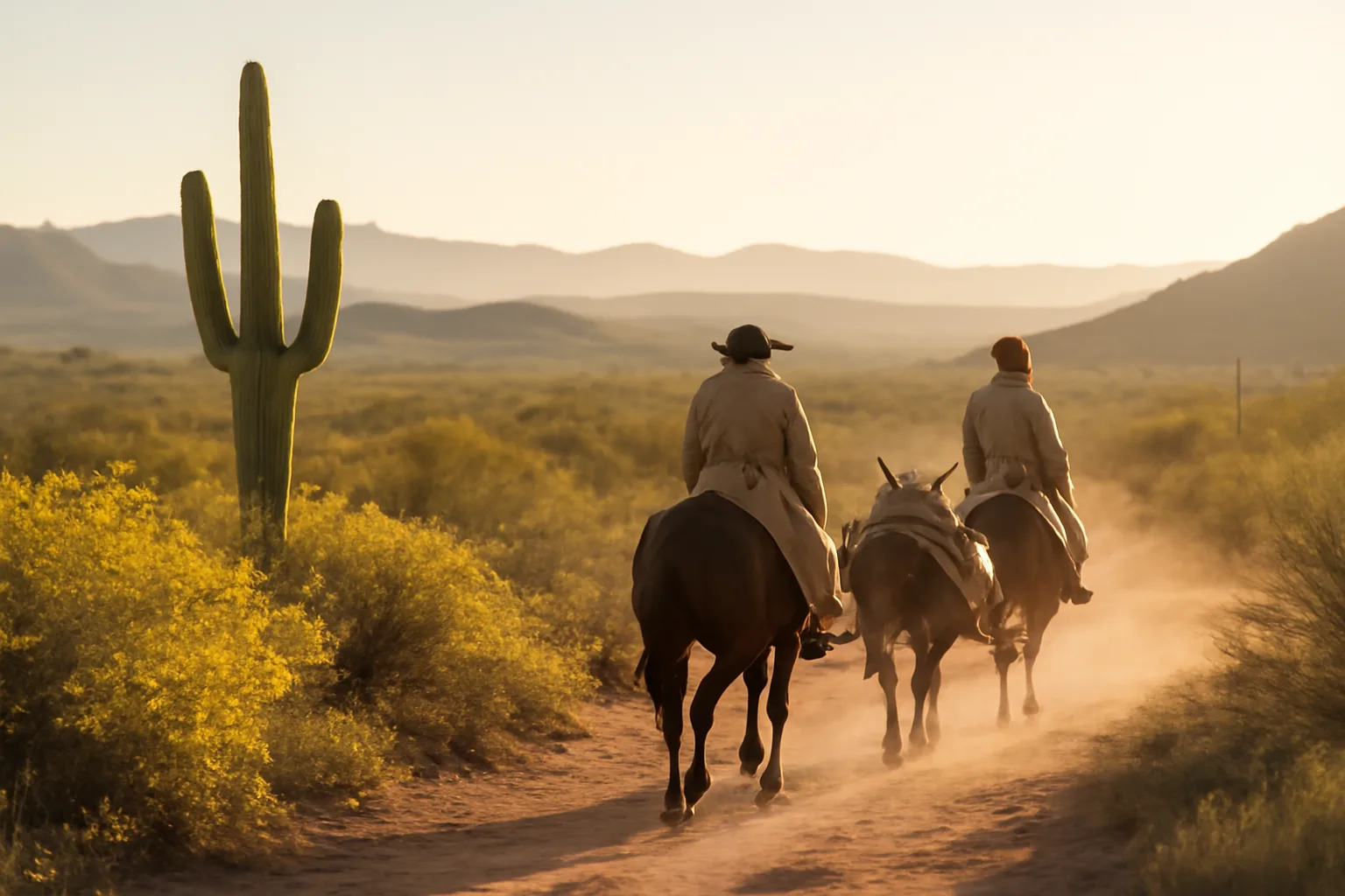 Pack mule and riders at sunrise on an Arizona desert two-track