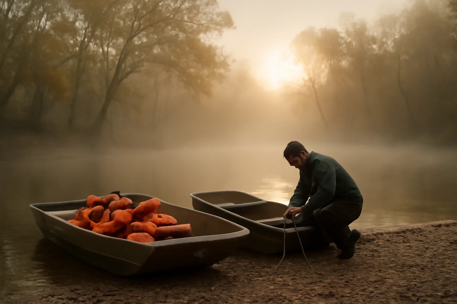 Arkansas outfitter boats on a foggy Buffalo River gravel bar