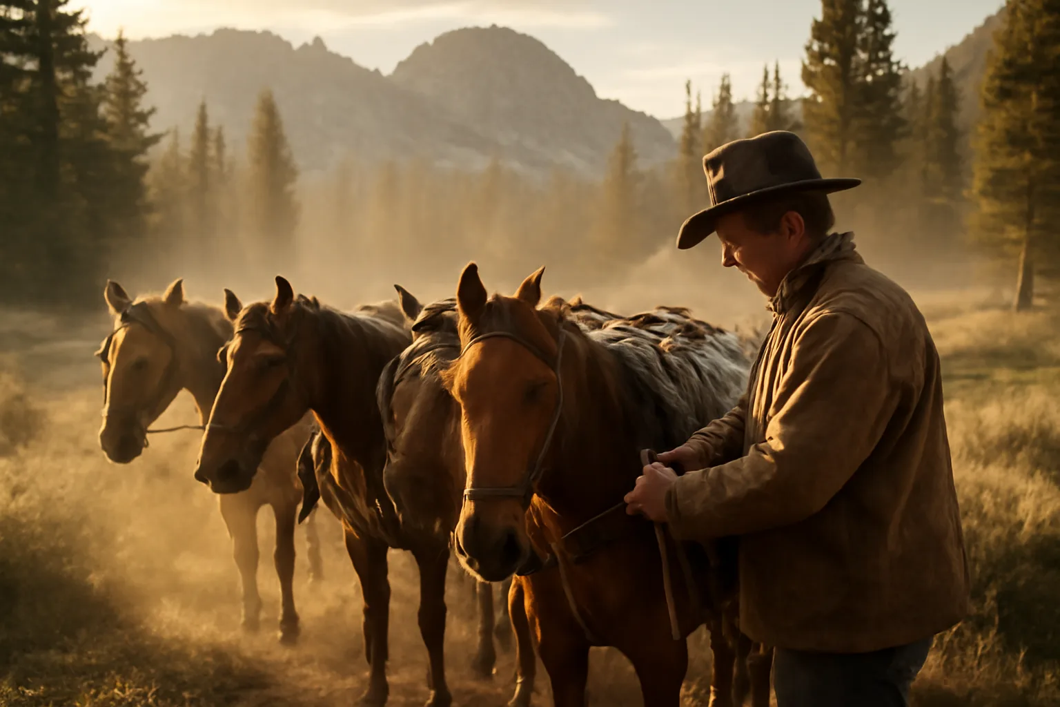 Pack horses wait in a Sierra meadow for a California outfitter
