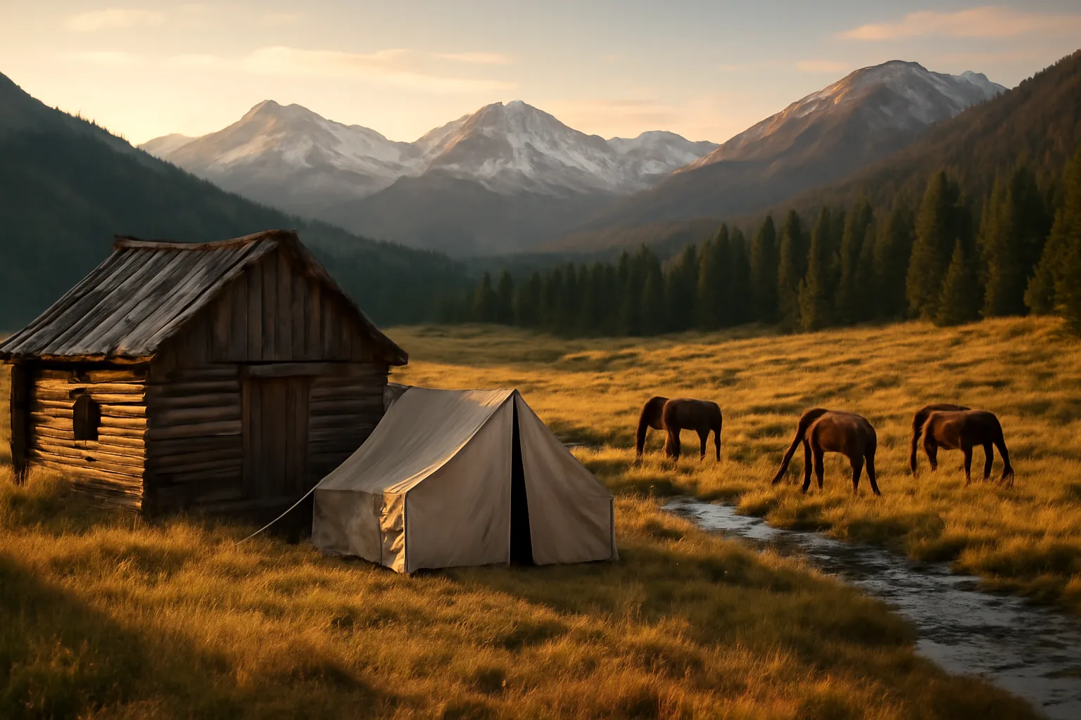 Colorado outfitter camp with horses and canvas tent in alpine meadow at dawn