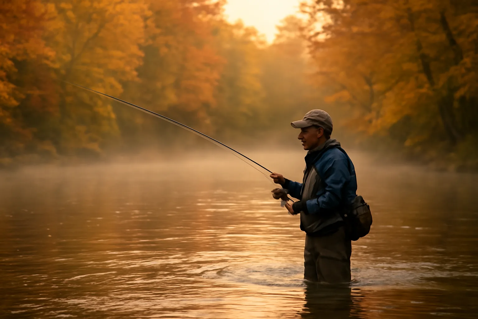 Fishing guide wading in a misty Connecticut river at dawn surrounded by autumn trees