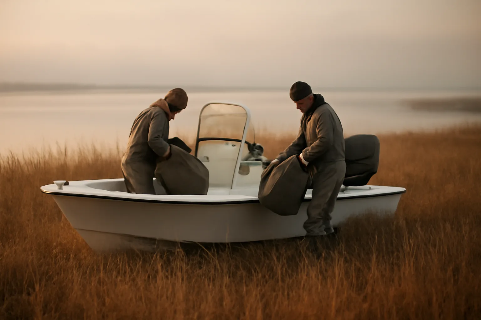 Skiff in a Delaware Bay marsh at dawn with two waterfowl outfitters