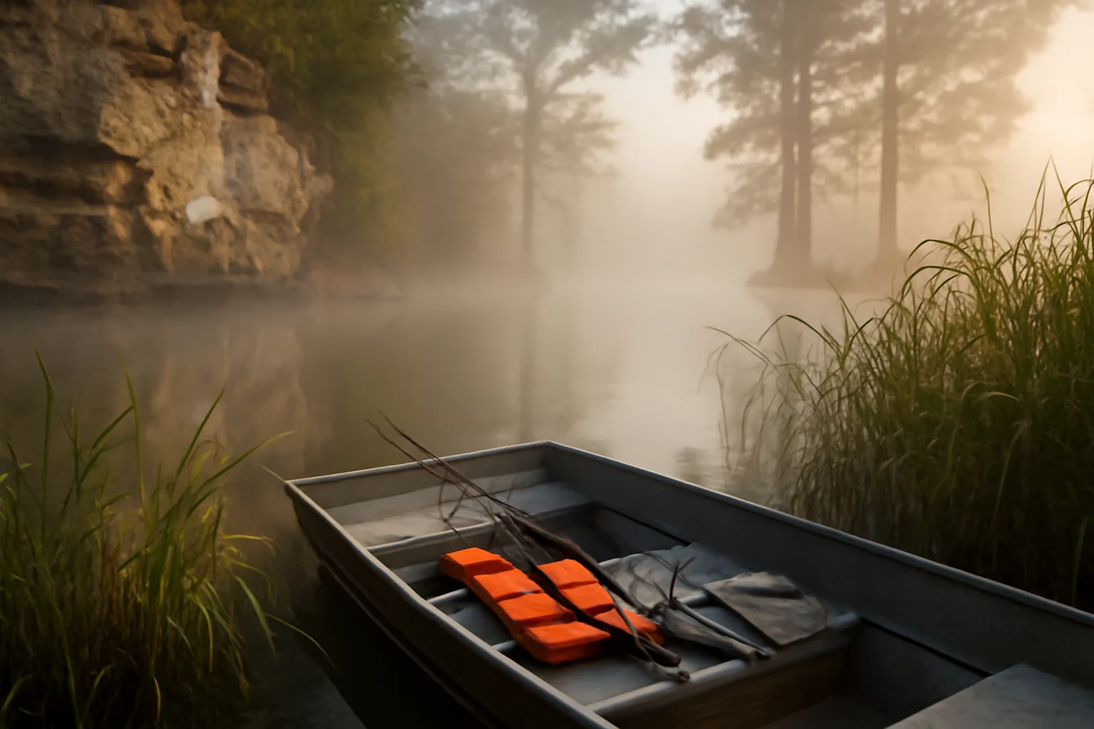 Empty jon boat on a foggy Alabama river at dawn