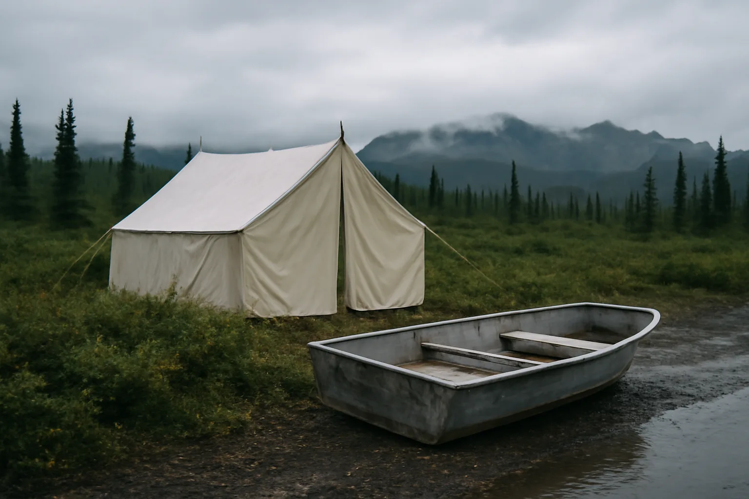 Canvas wall tent and skiff at an Alaska outfitter camp site