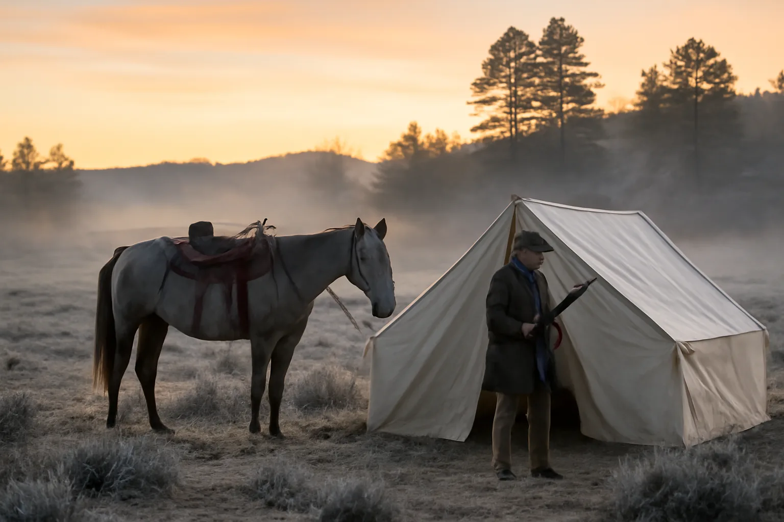 Saddled horse at an Arizona hunt camp at dawn