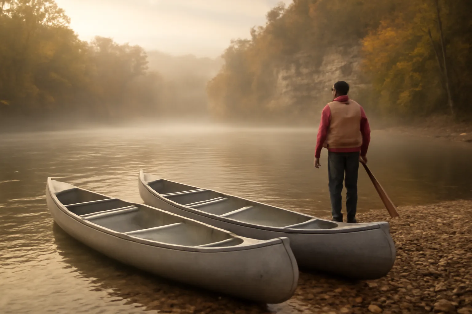 Outfitter guide with canoes on a foggy Arkansas river