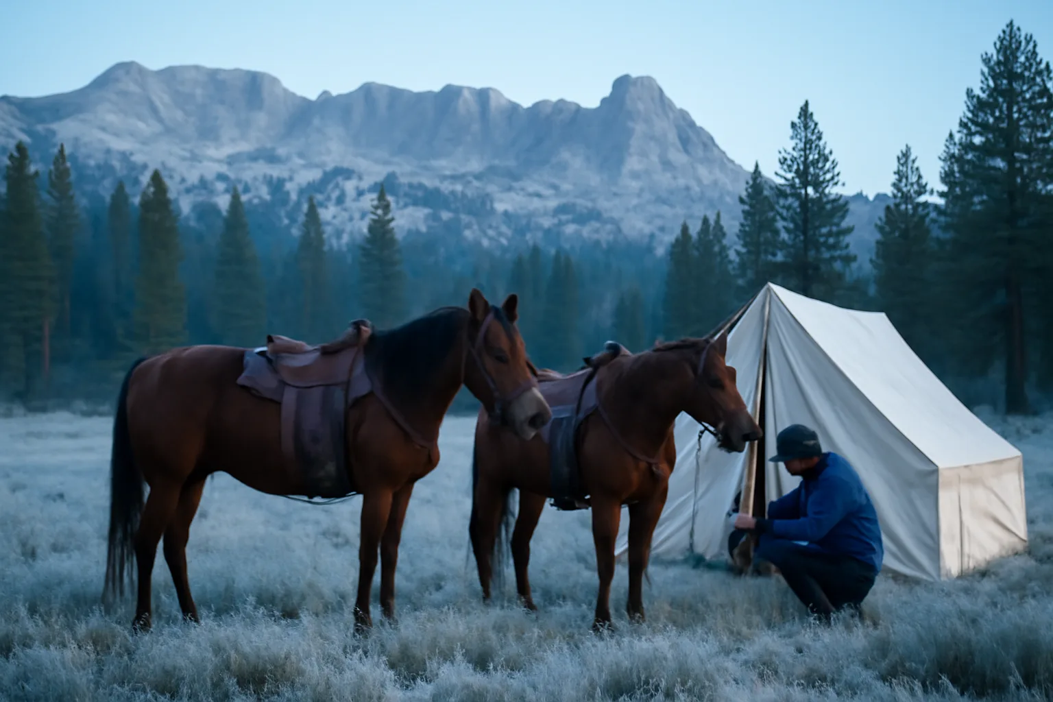 Guide saddling horses at dawn in a California mountain meadow