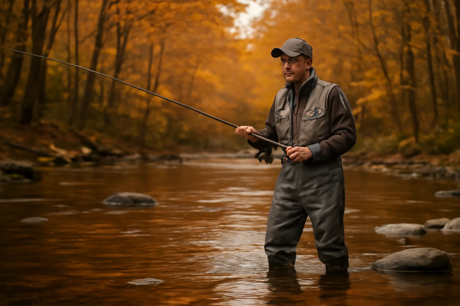 Fishing guide wading a rocky Connecticut river at golden hour in autumn