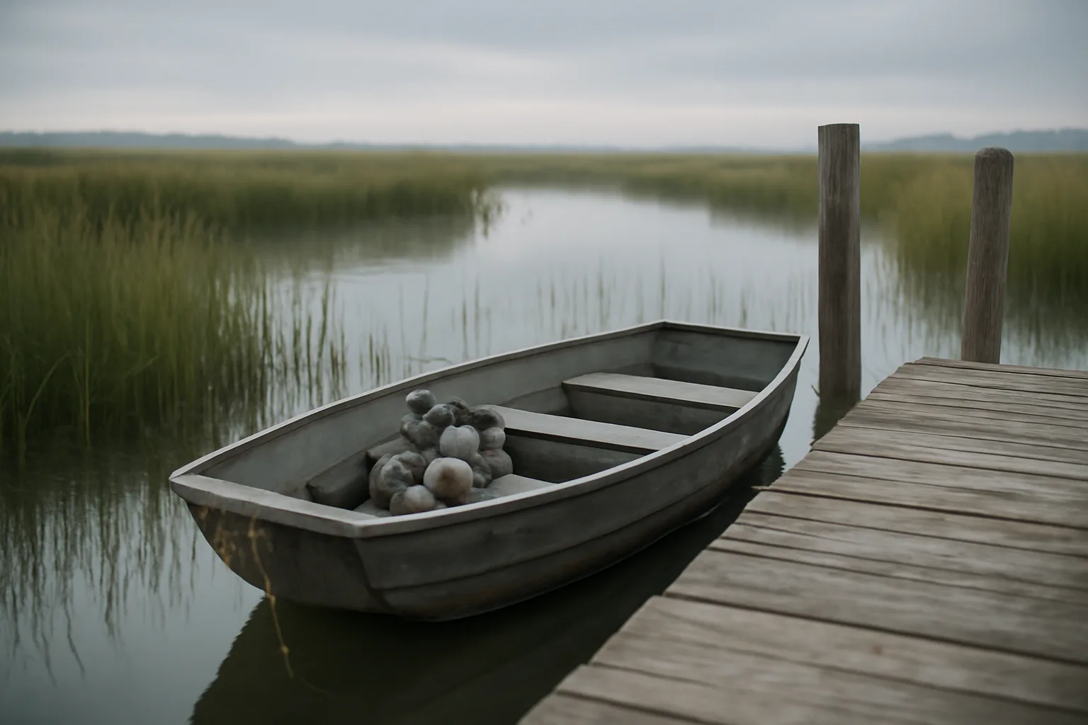 Jon boat at dawn on a Delaware Bay marsh dock