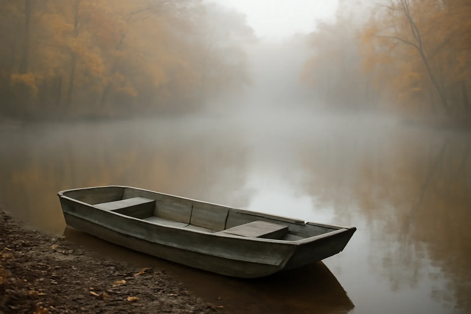 Jon boat on a foggy Alabama slough at hunting season dawn