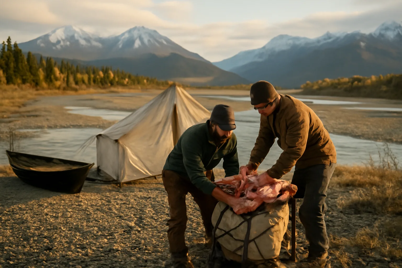 Packing meat at an Alaska river camp used by hunting outfitters