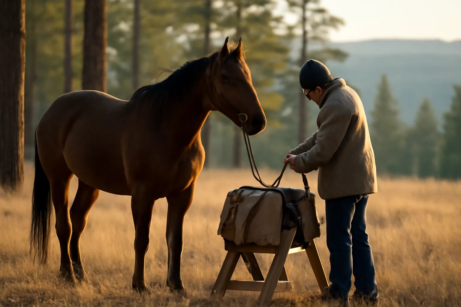 Outfitter horse and panniers on an Arizona rim at first light