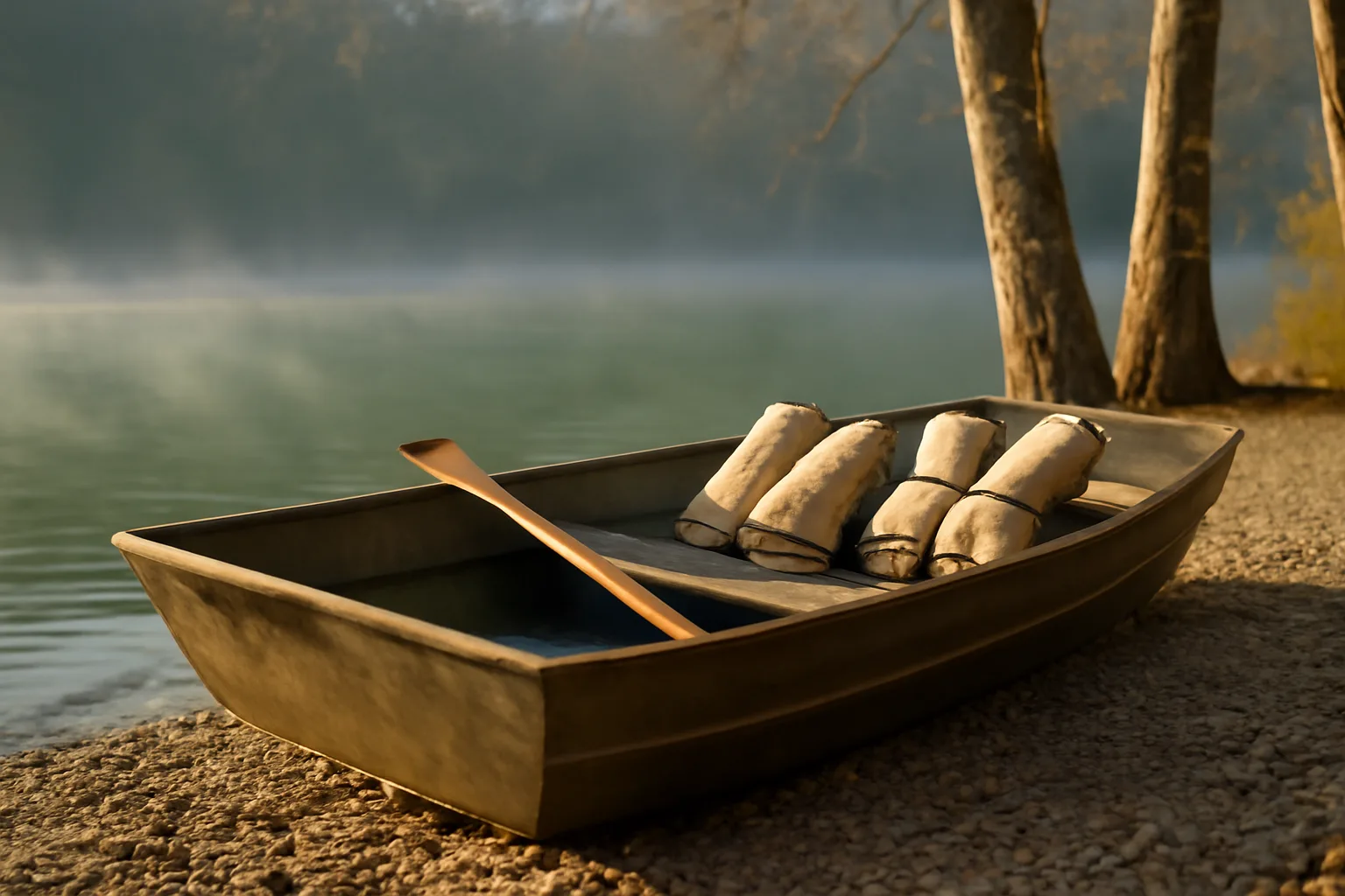 Johnboat on an Ozark gravel bar at dawn for Arkansas outfitter work
