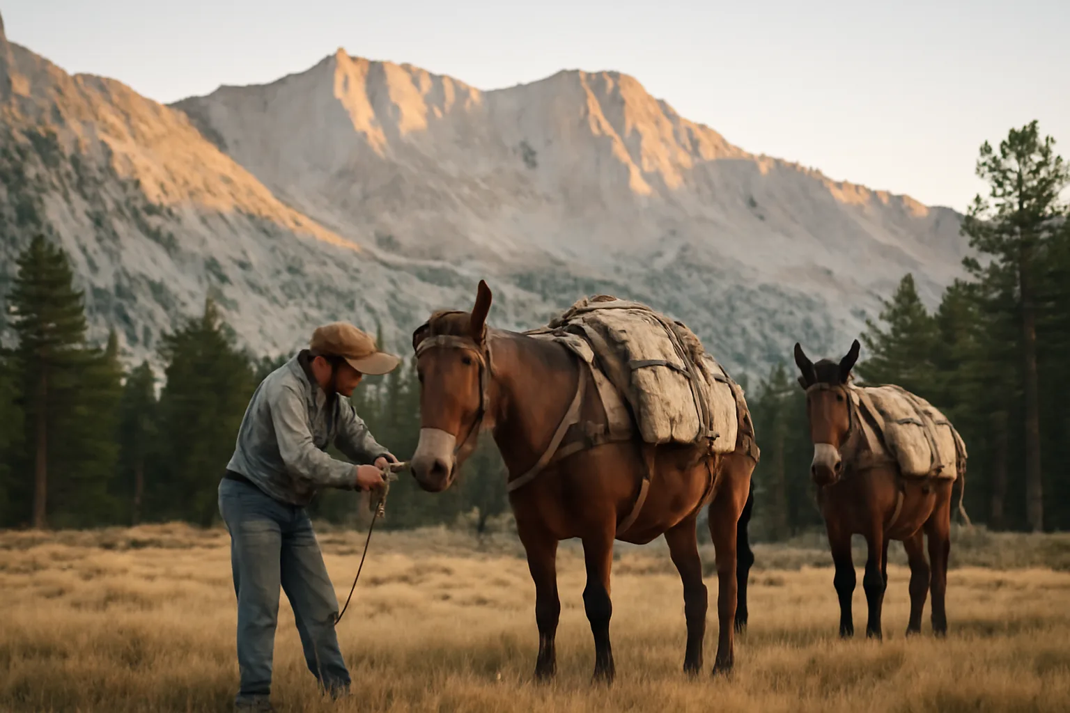 Packed mules at a California outfitter camp in the eastern Sierra