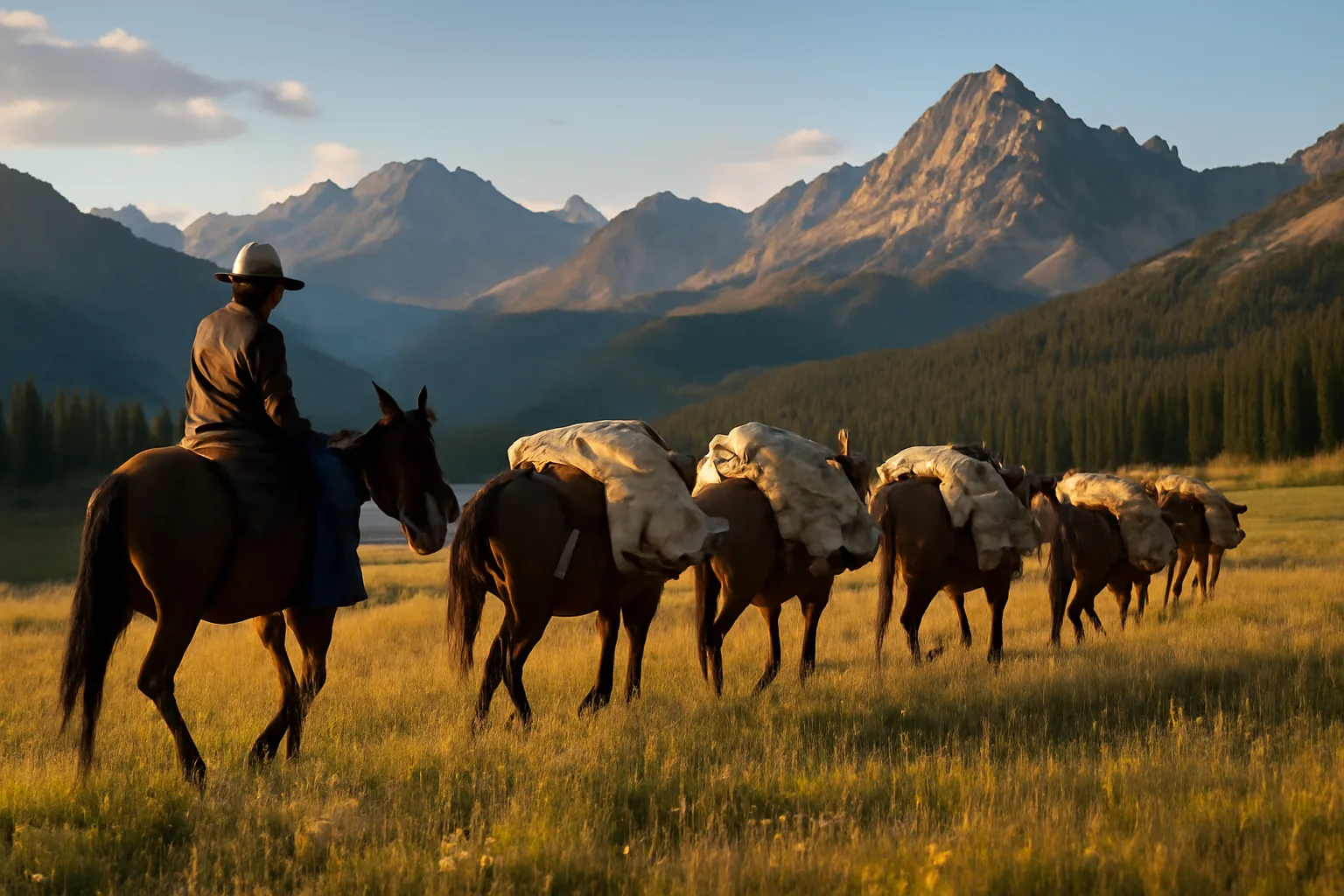 Outfitter on horseback leading mules through a Colorado alpine meadow at golden hour