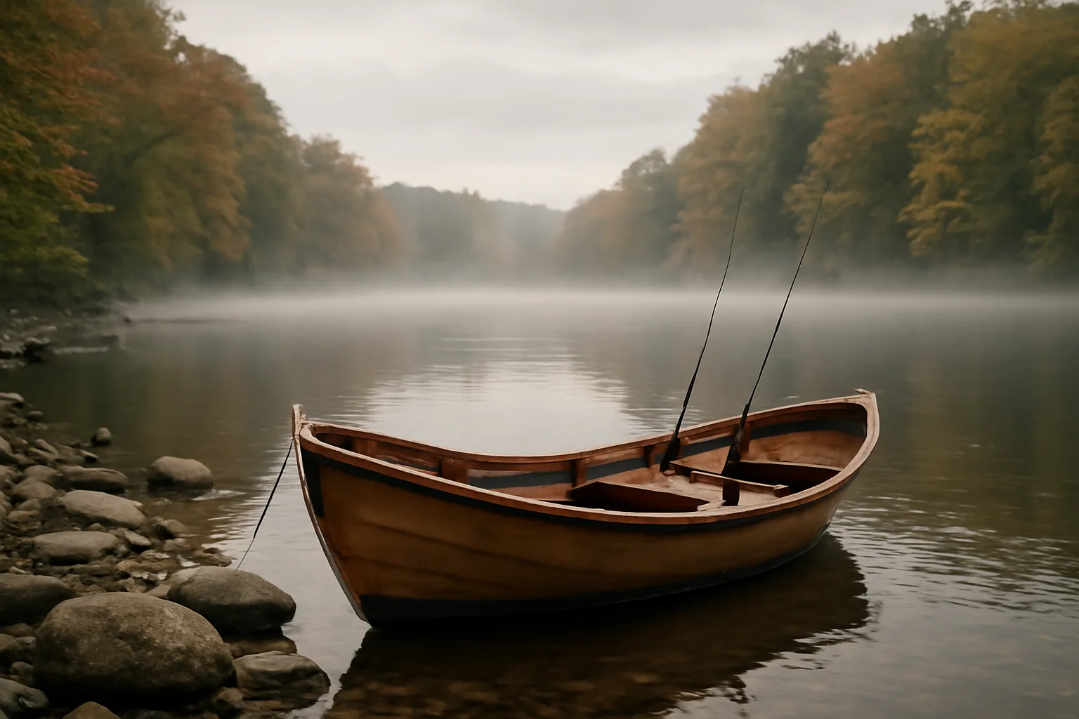 Drift boat on a Connecticut river at dawn, outfitter guide setup visible