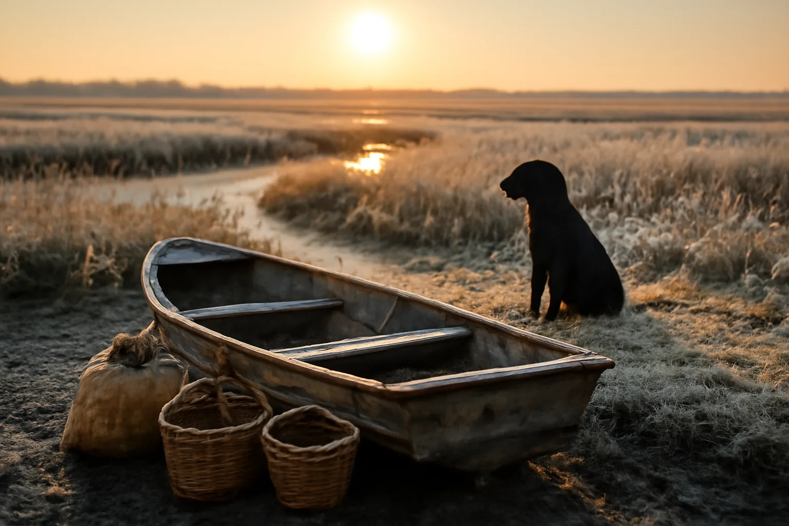 Skiff and decoys on a frosted Delaware Bay marsh at sunrise