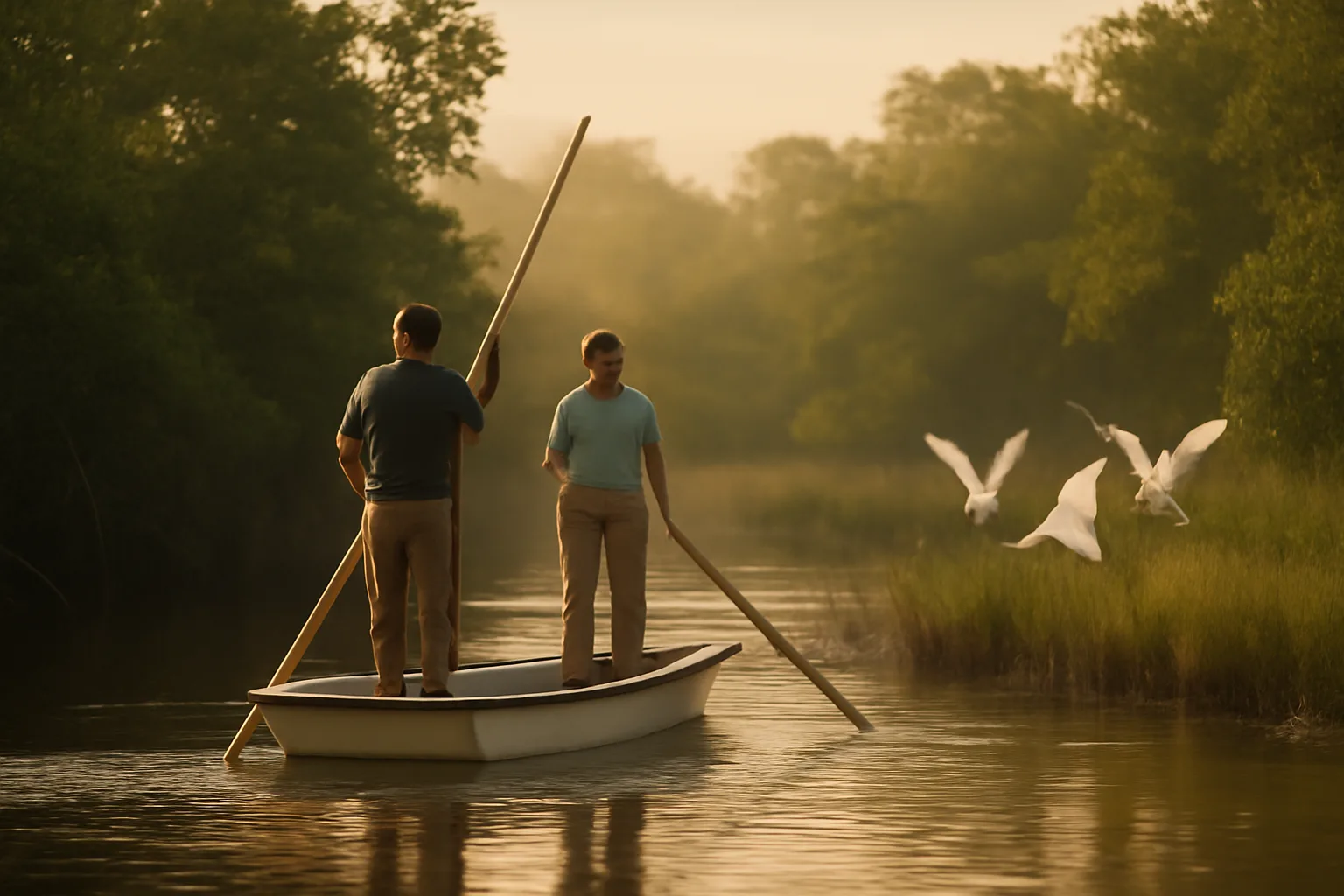 Guide poling an unmarked skiff on a Florida creek at dawn