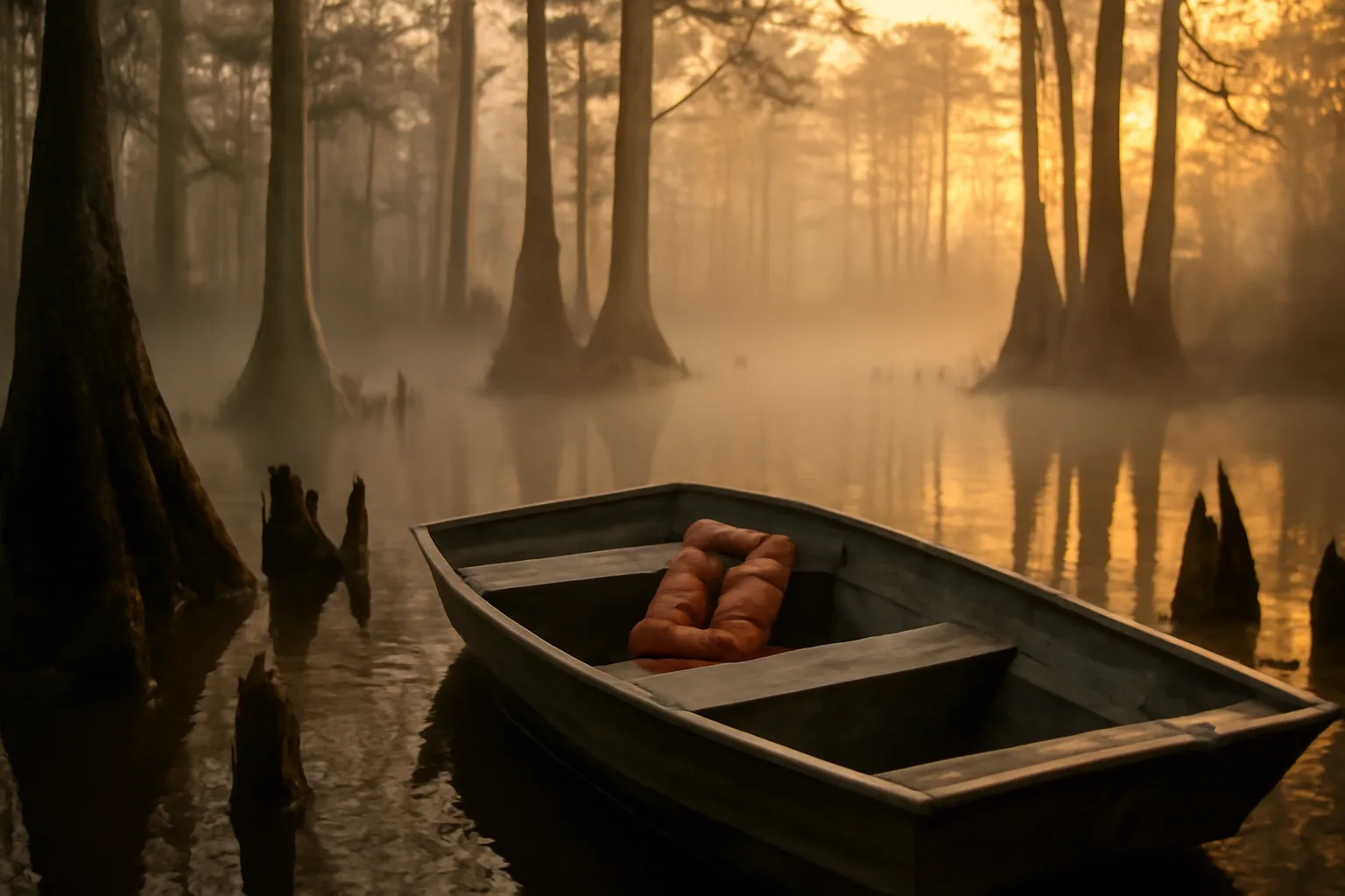 Jon boat waiting for an Alabama outfitter trip at dawn