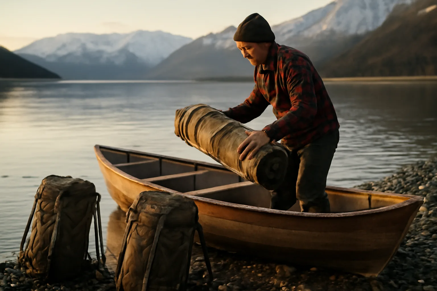 Guide loading a canvas tent into a skiff on an Alaska gravel bar