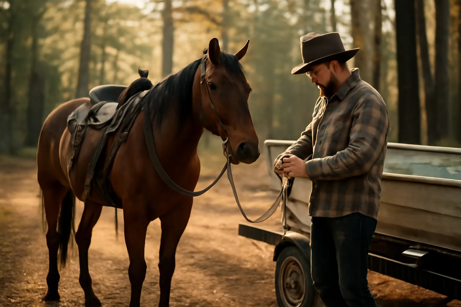 Saddled horse and skiff at dawn on an Arizona outfitter route