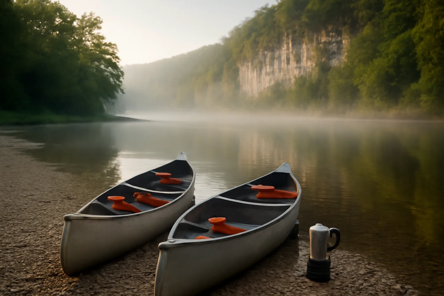 Canoes on an Arkansas gravel bar during outfitter float season