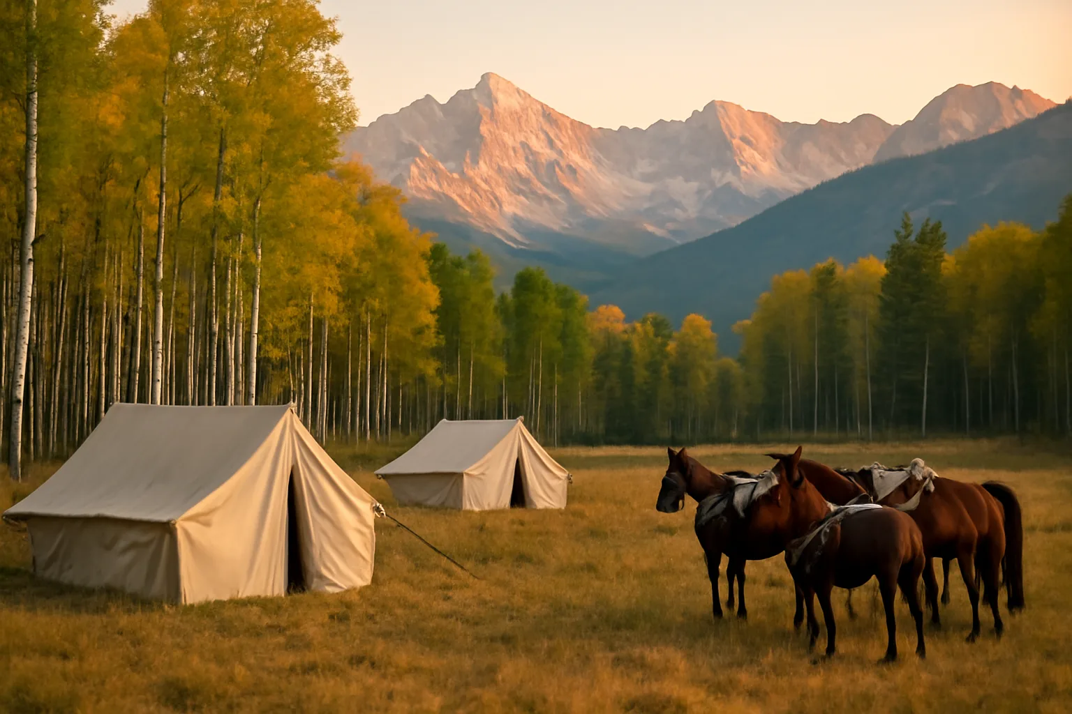 Canvas outfitter tents and horses in a Colorado mountain meadow at dawn