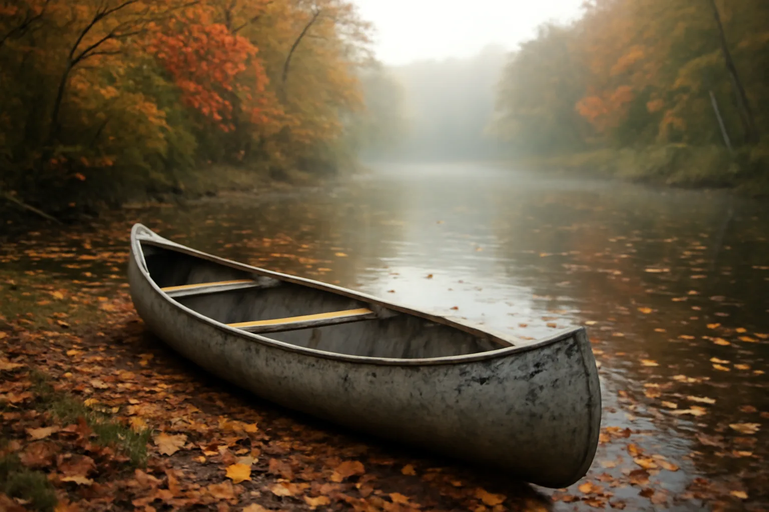 Canoe on a foggy Connecticut river bank at dawn during autumn season