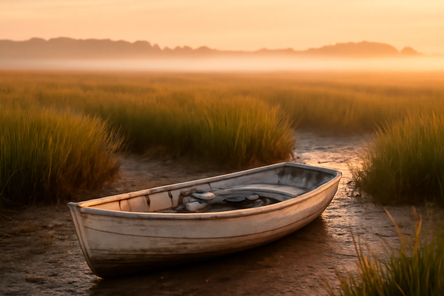 Open skiff on a Delaware salt marsh used by a hunting outfitter